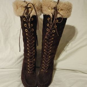 Miu miu suede brown wedge boot with inside Shearling size 7.5 Never worn